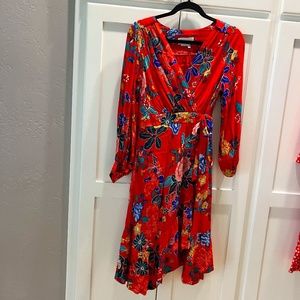 Anthropologie Red Floral Faux Wrap Dress, Size 8P